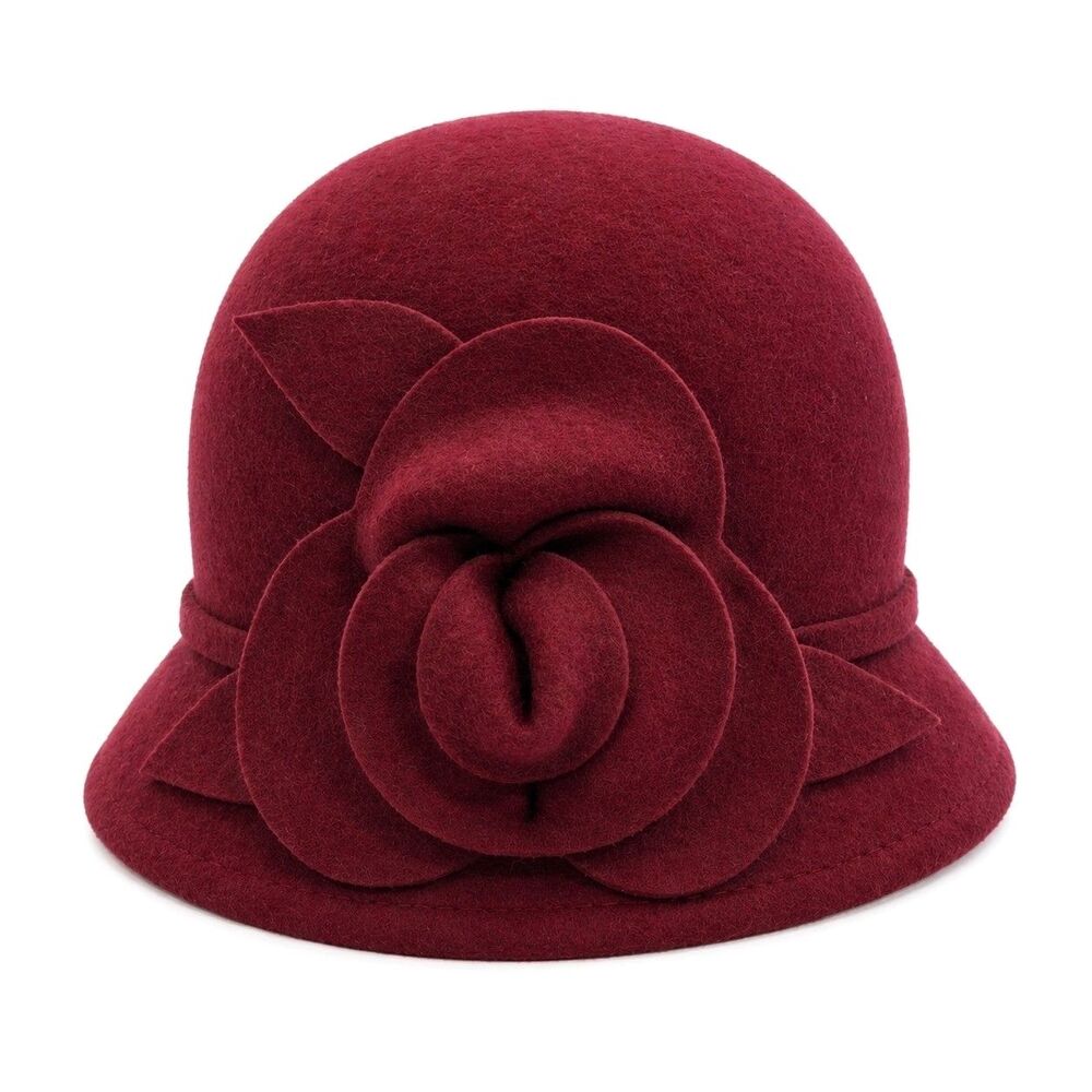 Nine West Red Wool Cloche Hat 22" 1920s Style Floral Coquette Downton